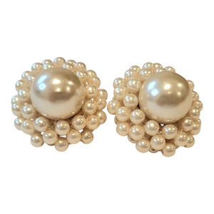 Vintage Faux Pearl Cluster Pierced Earrings